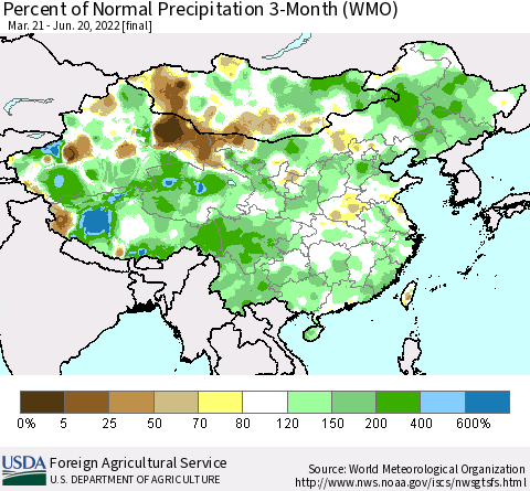 China, Mongolia and Taiwan Percent of Normal Precipitation 3-Month (WMO) Thematic Map For 3/21/2022 - 6/20/2022