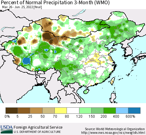 China, Mongolia and Taiwan Percent of Normal Precipitation 3-Month (WMO) Thematic Map For 3/26/2022 - 6/25/2022