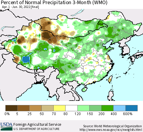 China, Mongolia and Taiwan Percent of Normal Precipitation 3-Month (WMO) Thematic Map For 4/1/2022 - 6/30/2022