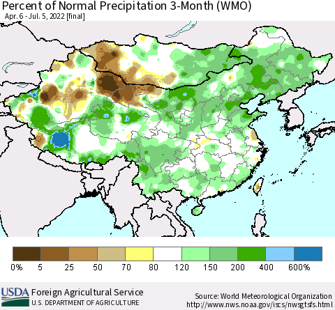China, Mongolia and Taiwan Percent of Normal Precipitation 3-Month (WMO) Thematic Map For 4/6/2022 - 7/5/2022