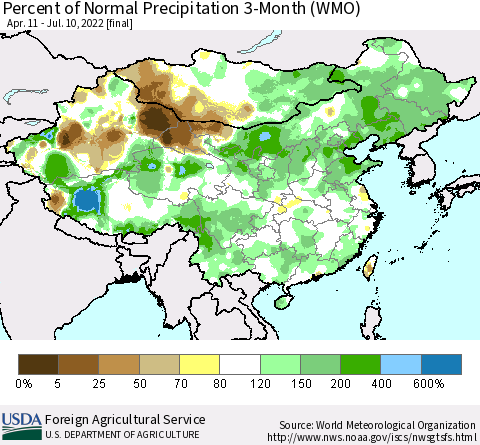 China, Mongolia and Taiwan Percent of Normal Precipitation 3-Month (WMO) Thematic Map For 4/11/2022 - 7/10/2022