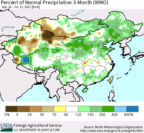 China, Mongolia and Taiwan Percent of Normal Precipitation 3-Month (WMO) Thematic Map For 4/16/2022 - 7/15/2022