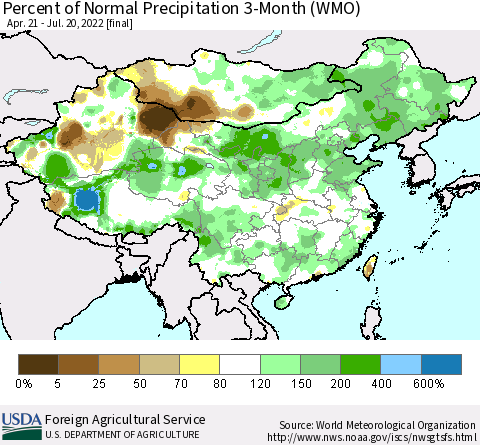 China, Mongolia and Taiwan Percent of Normal Precipitation 3-Month (WMO) Thematic Map For 4/21/2022 - 7/20/2022