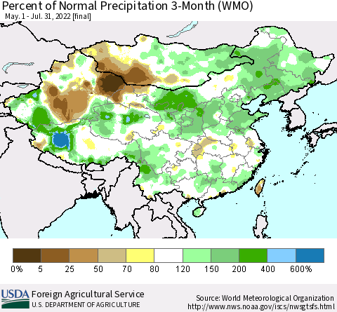 China, Mongolia and Taiwan Percent of Normal Precipitation 3-Month (WMO) Thematic Map For 5/1/2022 - 7/31/2022