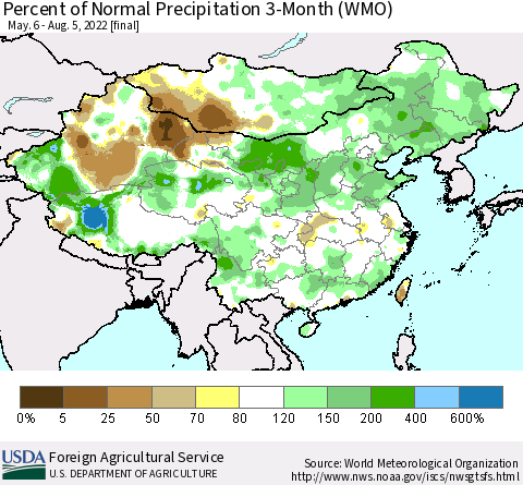 China, Mongolia and Taiwan Percent of Normal Precipitation 3-Month (WMO) Thematic Map For 5/6/2022 - 8/5/2022