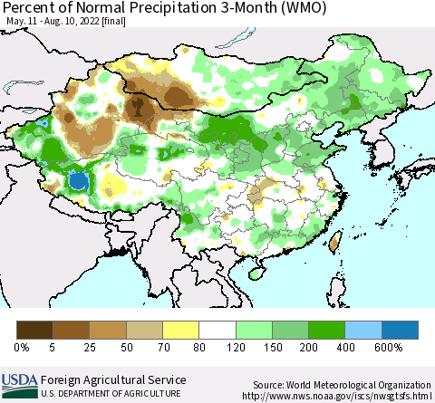 China, Mongolia and Taiwan Percent of Normal Precipitation 3-Month (WMO) Thematic Map For 5/11/2022 - 8/10/2022