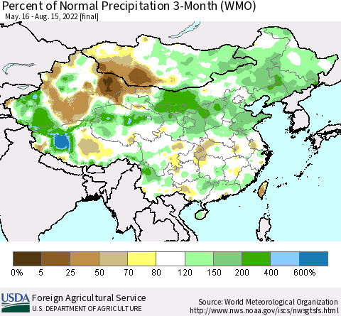 China, Mongolia and Taiwan Percent of Normal Precipitation 3-Month (WMO) Thematic Map For 5/16/2022 - 8/15/2022