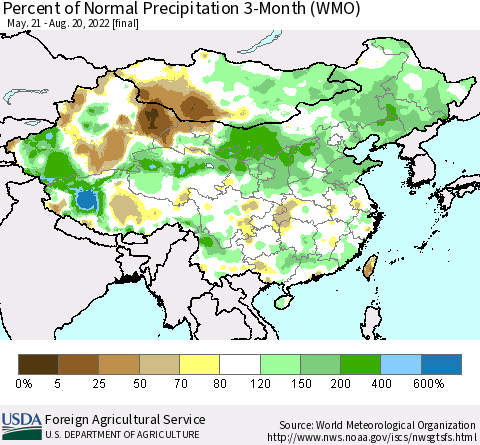 China, Mongolia and Taiwan Percent of Normal Precipitation 3-Month (WMO) Thematic Map For 5/21/2022 - 8/20/2022
