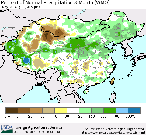 China, Mongolia and Taiwan Percent of Normal Precipitation 3-Month (WMO) Thematic Map For 5/26/2022 - 8/25/2022