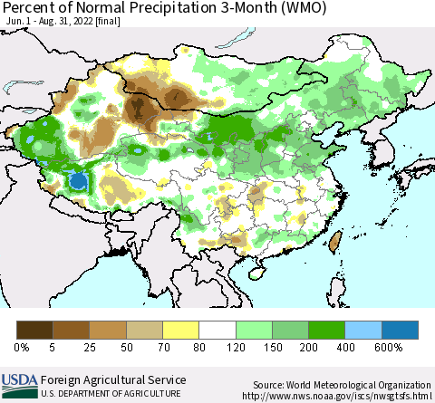 China, Mongolia and Taiwan Percent of Normal Precipitation 3-Month (WMO) Thematic Map For 6/1/2022 - 8/31/2022