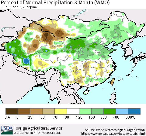 China, Mongolia and Taiwan Percent of Normal Precipitation 3-Month (WMO) Thematic Map For 6/6/2022 - 9/5/2022