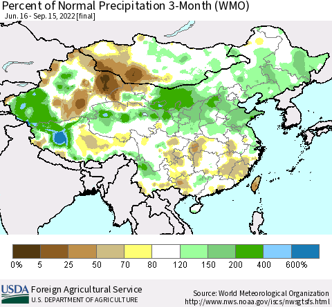 China, Mongolia and Taiwan Percent of Normal Precipitation 3-Month (WMO) Thematic Map For 6/16/2022 - 9/15/2022