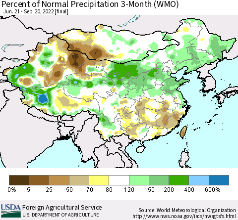 China, Mongolia and Taiwan Percent of Normal Precipitation 3-Month (WMO) Thematic Map For 6/21/2022 - 9/20/2022