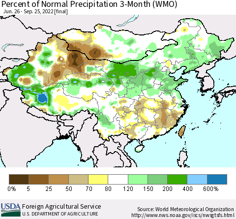 China, Mongolia and Taiwan Percent of Normal Precipitation 3-Month (WMO) Thematic Map For 6/26/2022 - 9/25/2022