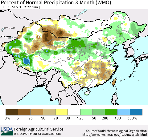 China, Mongolia and Taiwan Percent of Normal Precipitation 3-Month (WMO) Thematic Map For 7/1/2022 - 9/30/2022