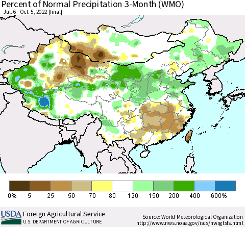 China, Mongolia and Taiwan Percent of Normal Precipitation 3-Month (WMO) Thematic Map For 7/6/2022 - 10/5/2022