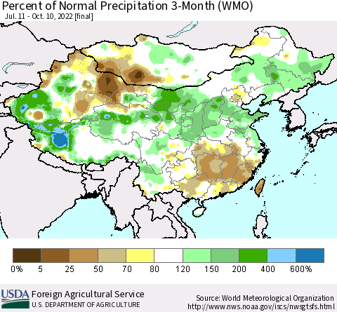 China, Mongolia and Taiwan Percent of Normal Precipitation 3-Month (WMO) Thematic Map For 7/11/2022 - 10/10/2022