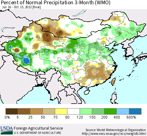 China, Mongolia and Taiwan Percent of Normal Precipitation 3-Month (WMO) Thematic Map For 7/16/2022 - 10/15/2022