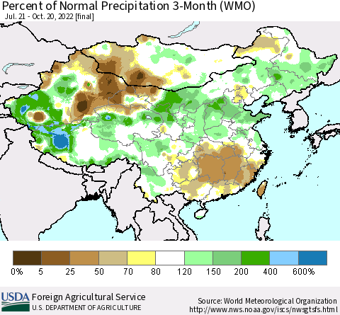 China, Mongolia and Taiwan Percent of Normal Precipitation 3-Month (WMO) Thematic Map For 7/21/2022 - 10/20/2022