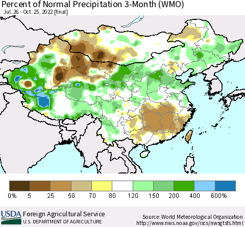 China, Mongolia and Taiwan Percent of Normal Precipitation 3-Month (WMO) Thematic Map For 7/26/2022 - 10/25/2022