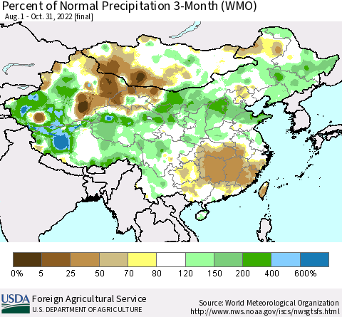 China, Mongolia and Taiwan Percent of Normal Precipitation 3-Month (WMO) Thematic Map For 8/1/2022 - 10/31/2022