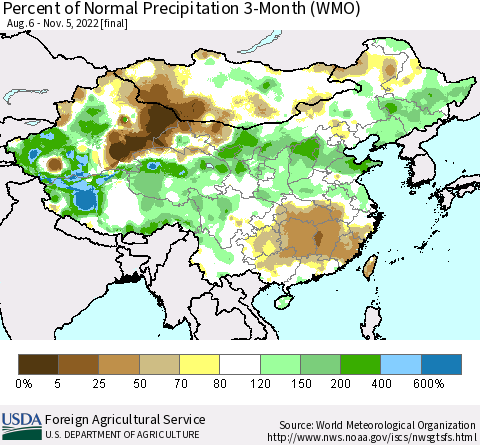 China, Mongolia and Taiwan Percent of Normal Precipitation 3-Month (WMO) Thematic Map For 8/6/2022 - 11/5/2022