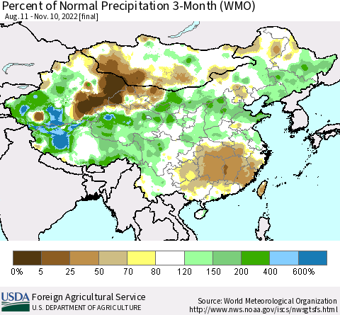China, Mongolia and Taiwan Percent of Normal Precipitation 3-Month (WMO) Thematic Map For 8/11/2022 - 11/10/2022