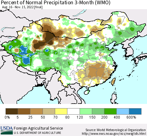 China, Mongolia and Taiwan Percent of Normal Precipitation 3-Month (WMO) Thematic Map For 8/16/2022 - 11/15/2022