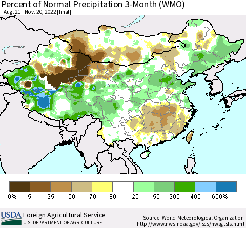 China, Mongolia and Taiwan Percent of Normal Precipitation 3-Month (WMO) Thematic Map For 8/21/2022 - 11/20/2022
