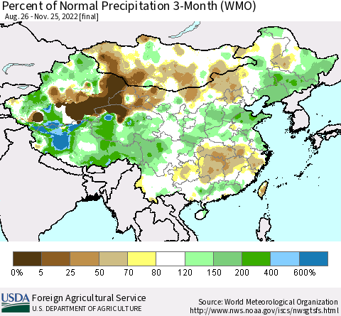 China, Mongolia and Taiwan Percent of Normal Precipitation 3-Month (WMO) Thematic Map For 8/26/2022 - 11/25/2022