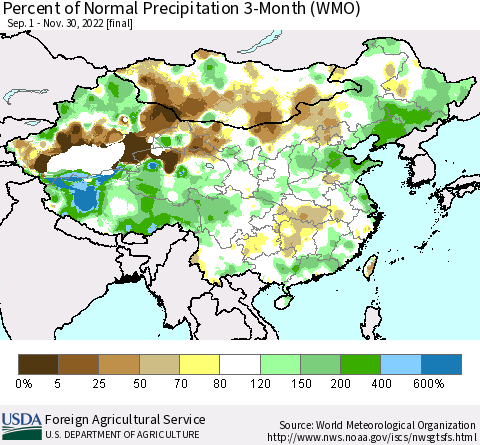 China, Mongolia and Taiwan Percent of Normal Precipitation 3-Month (WMO) Thematic Map For 9/1/2022 - 11/30/2022