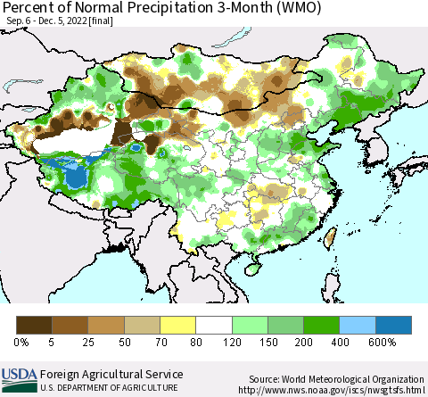 China, Mongolia and Taiwan Percent of Normal Precipitation 3-Month (WMO) Thematic Map For 9/6/2022 - 12/5/2022