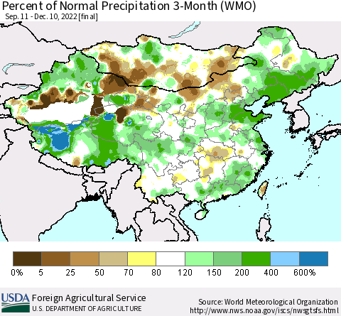 China, Mongolia and Taiwan Percent of Normal Precipitation 3-Month (WMO) Thematic Map For 9/11/2022 - 12/10/2022