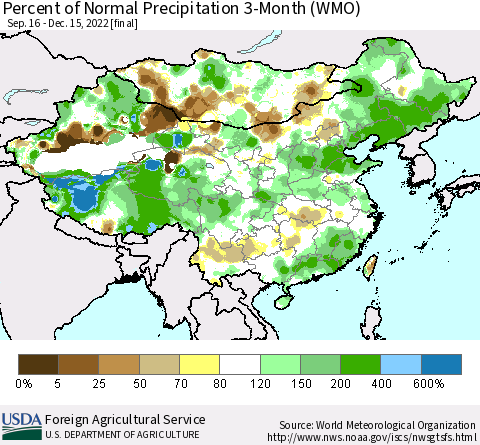 China, Mongolia and Taiwan Percent of Normal Precipitation 3-Month (WMO) Thematic Map For 9/16/2022 - 12/15/2022