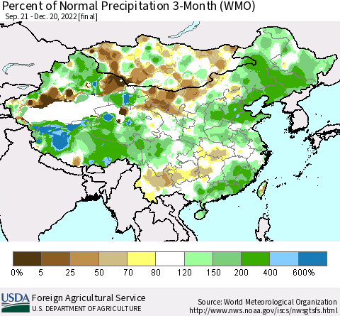 China, Mongolia and Taiwan Percent of Normal Precipitation 3-Month (WMO) Thematic Map For 9/21/2022 - 12/20/2022