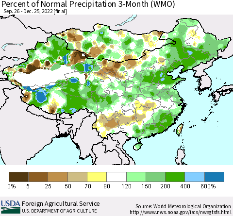 China, Mongolia and Taiwan Percent of Normal Precipitation 3-Month (WMO) Thematic Map For 9/26/2022 - 12/25/2022