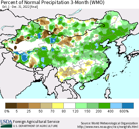 China, Mongolia and Taiwan Percent of Normal Precipitation 3-Month (WMO) Thematic Map For 10/1/2022 - 12/31/2022