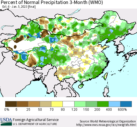 China, Mongolia and Taiwan Percent of Normal Precipitation 3-Month (WMO) Thematic Map For 10/6/2022 - 1/5/2023