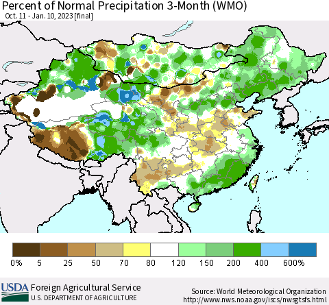 China, Mongolia and Taiwan Percent of Normal Precipitation 3-Month (WMO) Thematic Map For 10/11/2022 - 1/10/2023