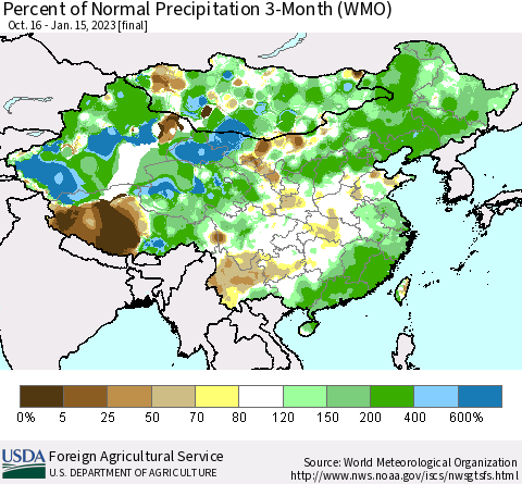 China, Mongolia and Taiwan Percent of Normal Precipitation 3-Month (WMO) Thematic Map For 10/16/2022 - 1/15/2023
