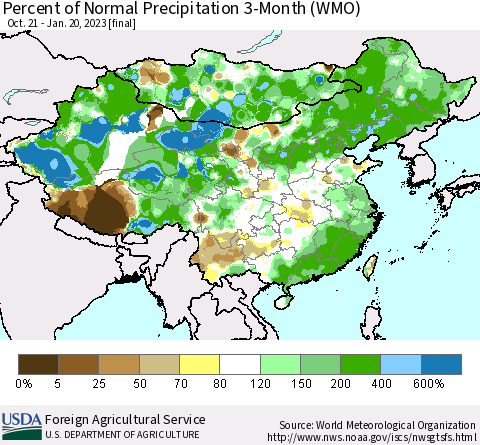 China, Mongolia and Taiwan Percent of Normal Precipitation 3-Month (WMO) Thematic Map For 10/21/2022 - 1/20/2023