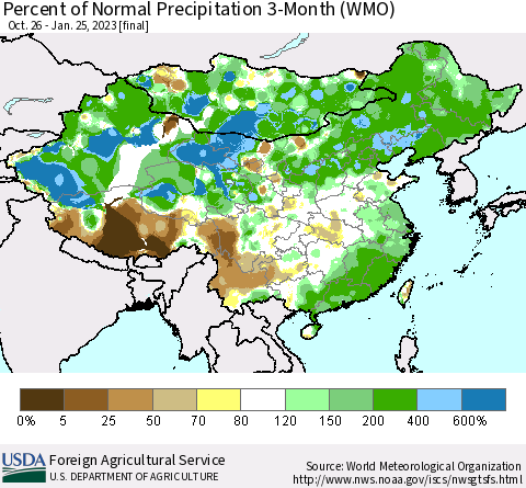 China, Mongolia and Taiwan Percent of Normal Precipitation 3-Month (WMO) Thematic Map For 10/26/2022 - 1/25/2023