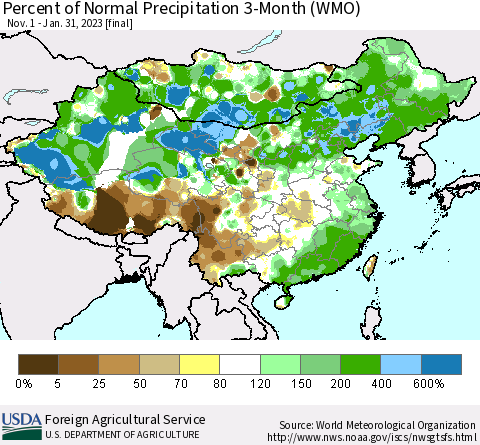 China, Mongolia and Taiwan Percent of Normal Precipitation 3-Month (WMO) Thematic Map For 11/1/2022 - 1/31/2023