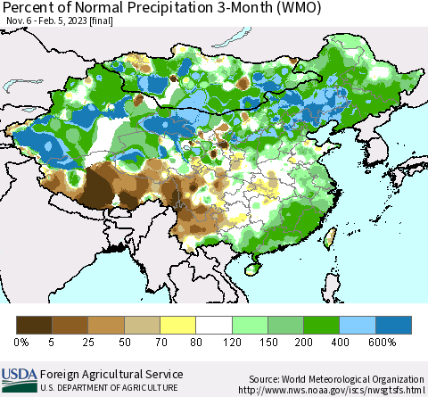 China, Mongolia and Taiwan Percent of Normal Precipitation 3-Month (WMO) Thematic Map For 11/6/2022 - 2/5/2023