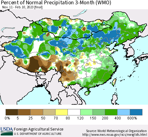 China, Mongolia and Taiwan Percent of Normal Precipitation 3-Month (WMO) Thematic Map For 11/11/2022 - 2/10/2023