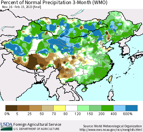 China, Mongolia and Taiwan Percent of Normal Precipitation 3-Month (WMO) Thematic Map For 11/16/2022 - 2/15/2023