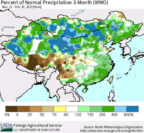 China, Mongolia and Taiwan Percent of Normal Precipitation 3-Month (WMO) Thematic Map For 11/21/2022 - 2/20/2023