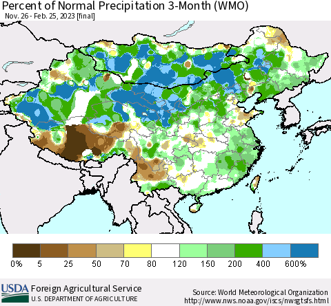 China, Mongolia and Taiwan Percent of Normal Precipitation 3-Month (WMO) Thematic Map For 11/26/2022 - 2/25/2023
