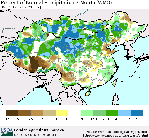 China, Mongolia and Taiwan Percent of Normal Precipitation 3-Month (WMO) Thematic Map For 12/1/2022 - 2/28/2023