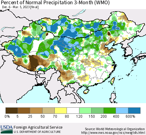China, Mongolia and Taiwan Percent of Normal Precipitation 3-Month (WMO) Thematic Map For 12/6/2022 - 3/5/2023